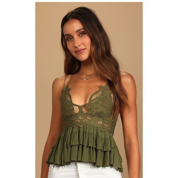 Free People Adella Cami Olive Green Lace Ruffled Tank Top Womens Small New - Picture 1 of 9